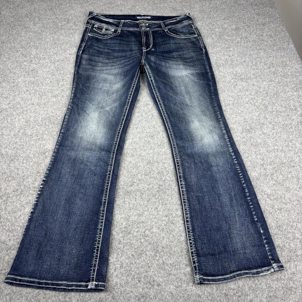 Wallflower Jeans Women's 13 Luscious Curvy Fit Flared Embellished Dark Wash Blue